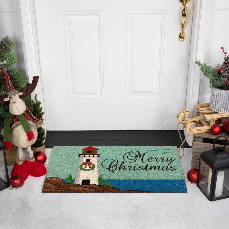 Natural Coir Merry Christmas Lighthouse Outdoor Doormat - 18" x 30"