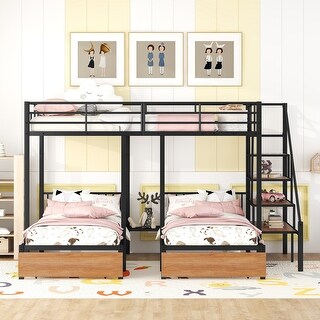 Black Full over Twin-Twin Triple Platform Bunk Bed W/ 2 Pull-out Drawers Under and Storage Staircase for Multi-Child Families