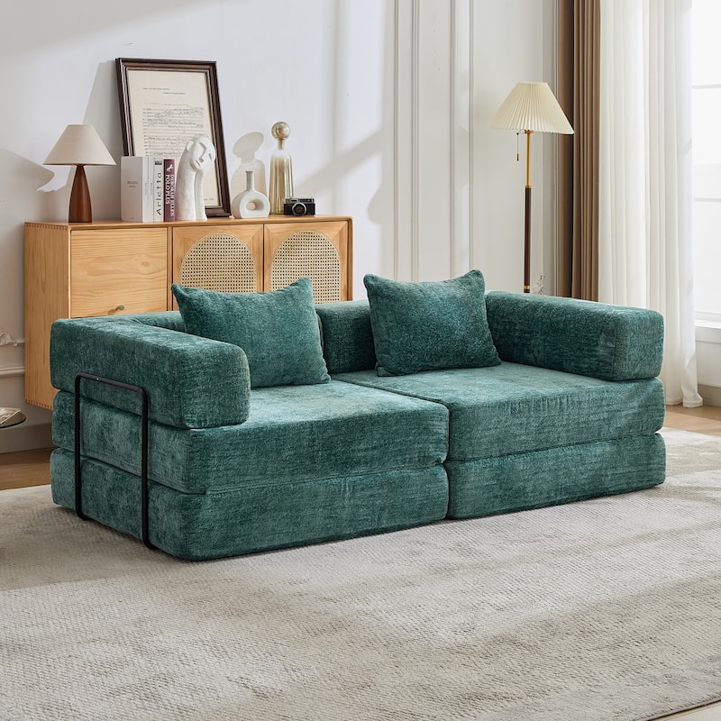 Convertible Floor Sofa Bed - Fixed Frame Chenille Loveseat, Modular Sectional, No Assembly Required - Green