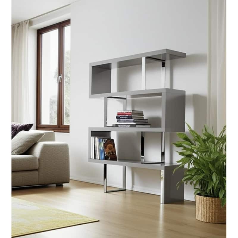 HomeRoots 67" Gray And Silver Metal and Wood Three Tier Etagere Bookcase - Silver/Gray