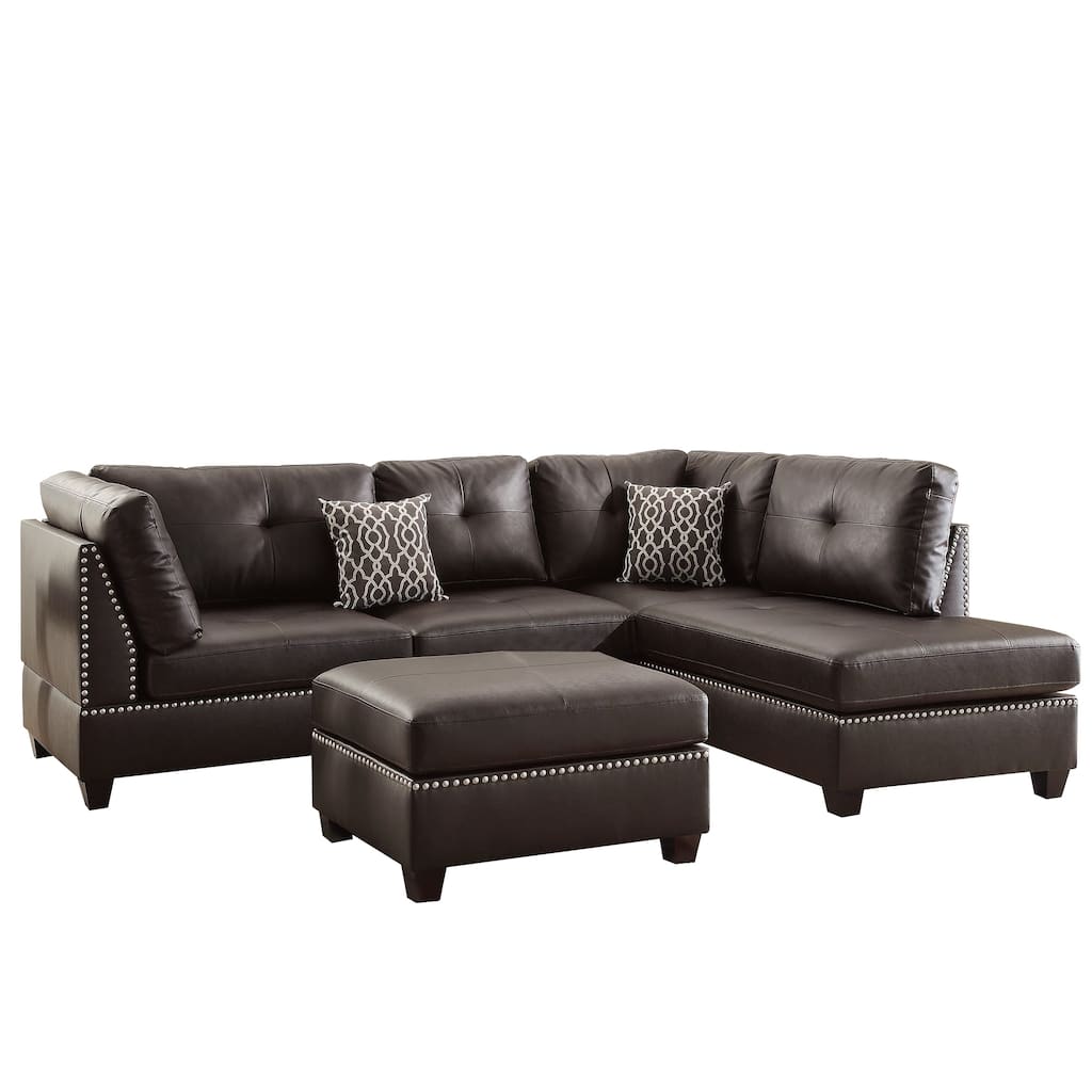 Plushed Bonded Leather 3 Pieces Sectional Set In Brown