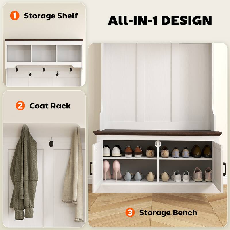 White and Oak MDF Hall Tree Bench with Shoe Storage and Steel Hooks - 41.3" W x 15.7" D x 70.9" H