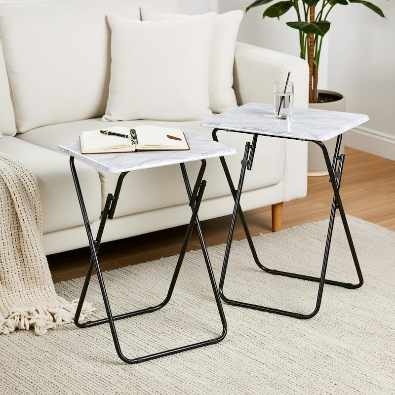 HomyLin Wood/Marble Folding TV Trays with Metal Frame, 2PC, Rustic Brown / White