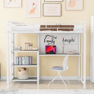 Metal Bed Frame Kids Loft Bed with Desk and Whiteboard, 3 Shelves and Ladder, Metal Slat Support