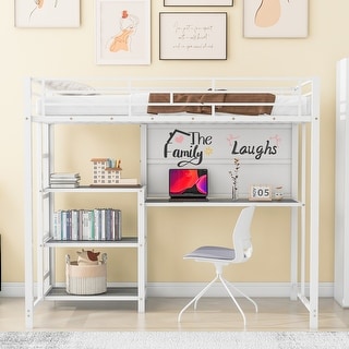 Stylish White Loft Bed with Side Ladder, Guardrail, Twin Size Loft Metal Bed with 3 Big Shelves, Whiteboard and Desk Underneath