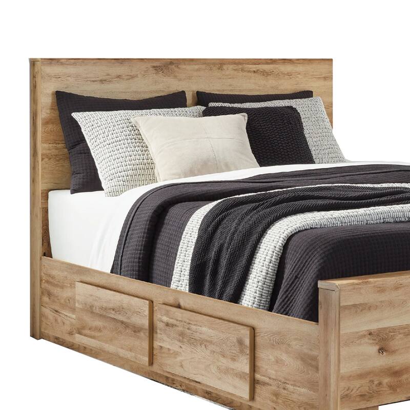 Oma Queen Panel Bed, 4 Storage Drawers, Rustic Finish, Brown Wood