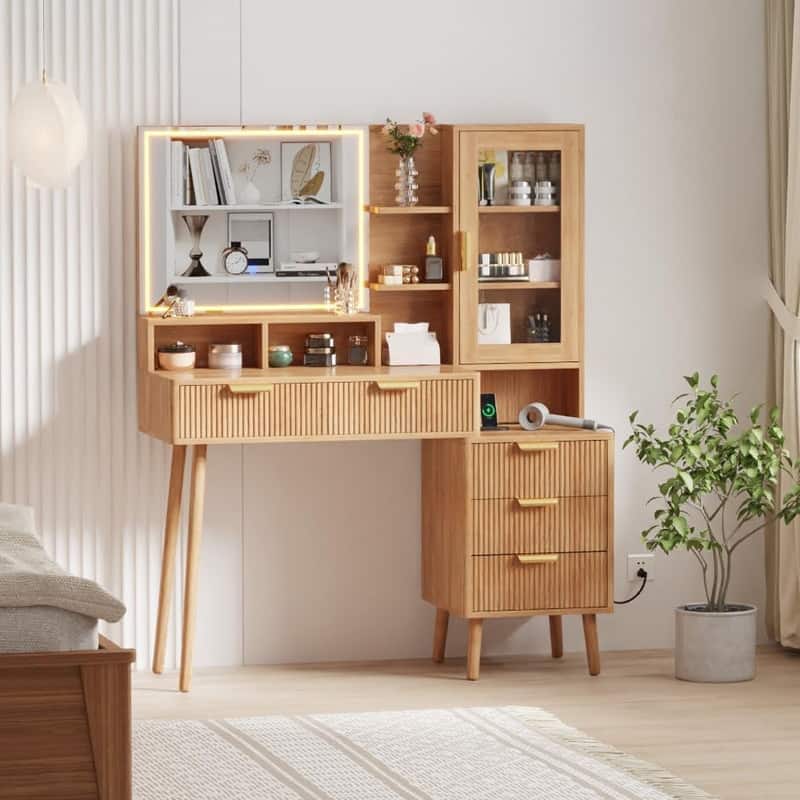 Makeup Vanity Desk with Lighted Mirror, 5 Drawers, Storage Shelves, Power Outlets - Oak