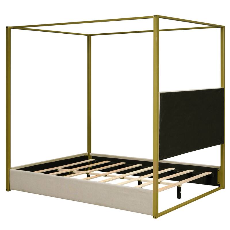 Queen Upholstered Canopy Bed with Headboard, Metal Frame, and Linen Upholstery, 4-Poster Modern Design, Easy Assembly