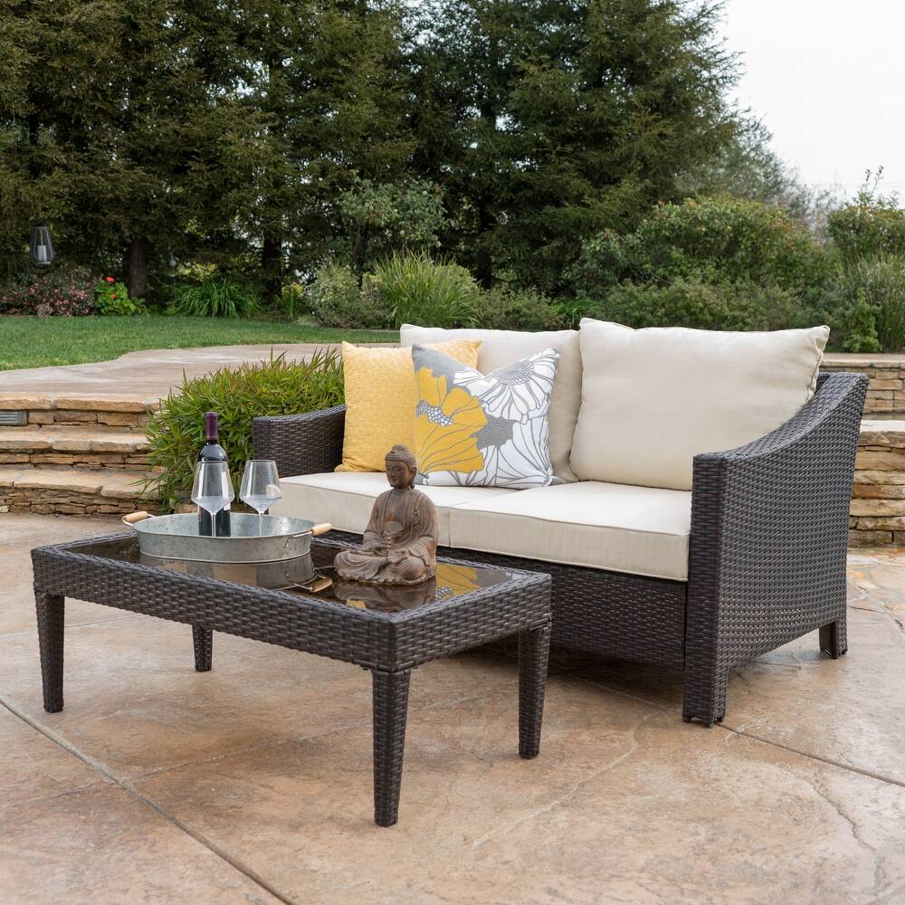 Antibes Outdoor Wicker Loveseat and Coffee Table with Cushions by Christopher Knight Home