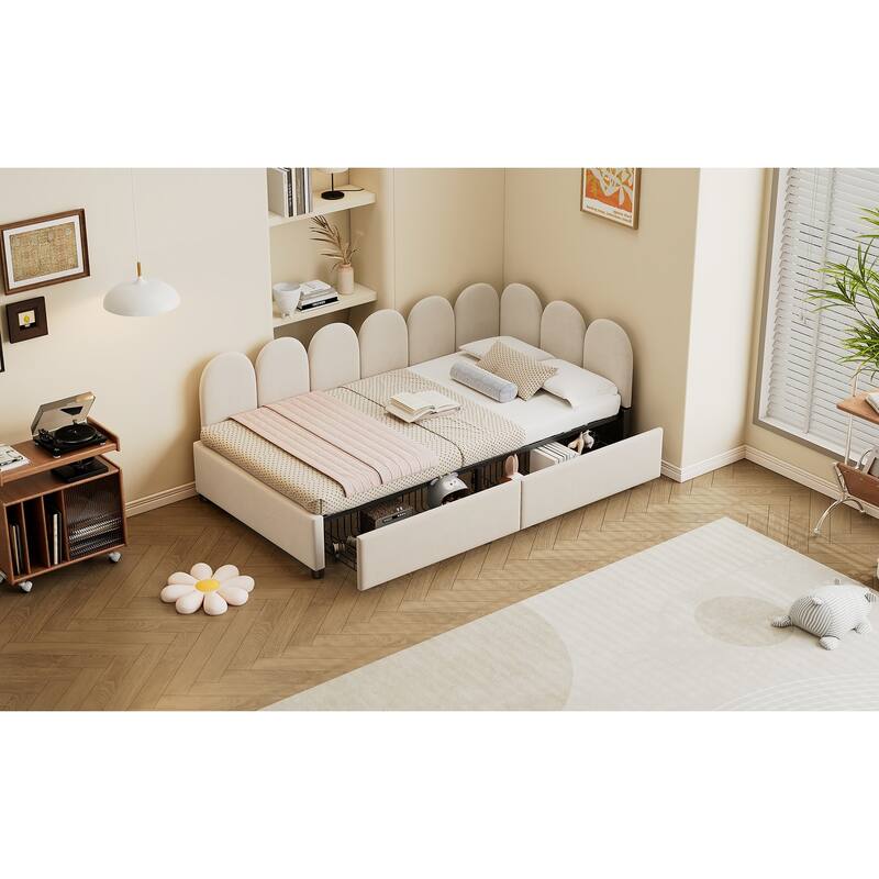 Twin Size Velvet Upholstered Daybed with Two Drawers and Soft Headboard