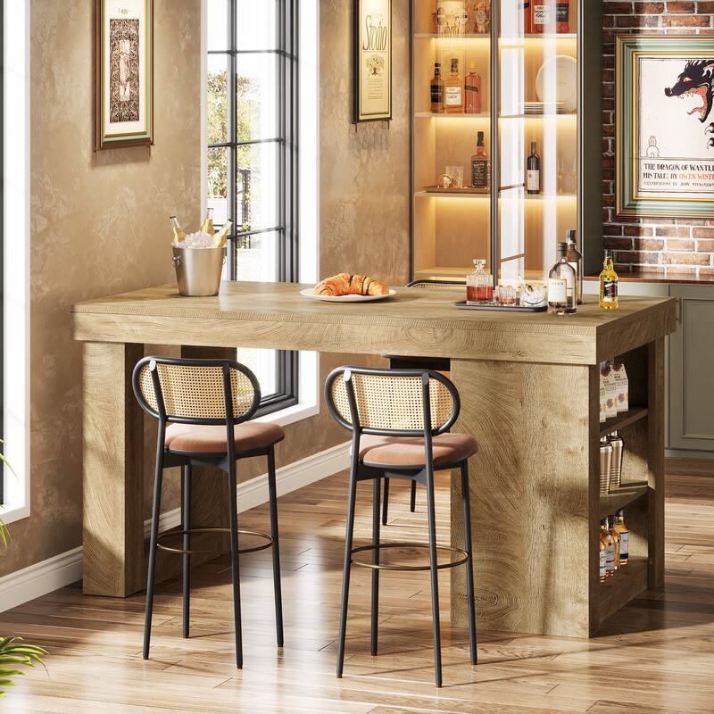 Large Farmhouse Bar Table, 55" Wood Counter Height Table with Storage