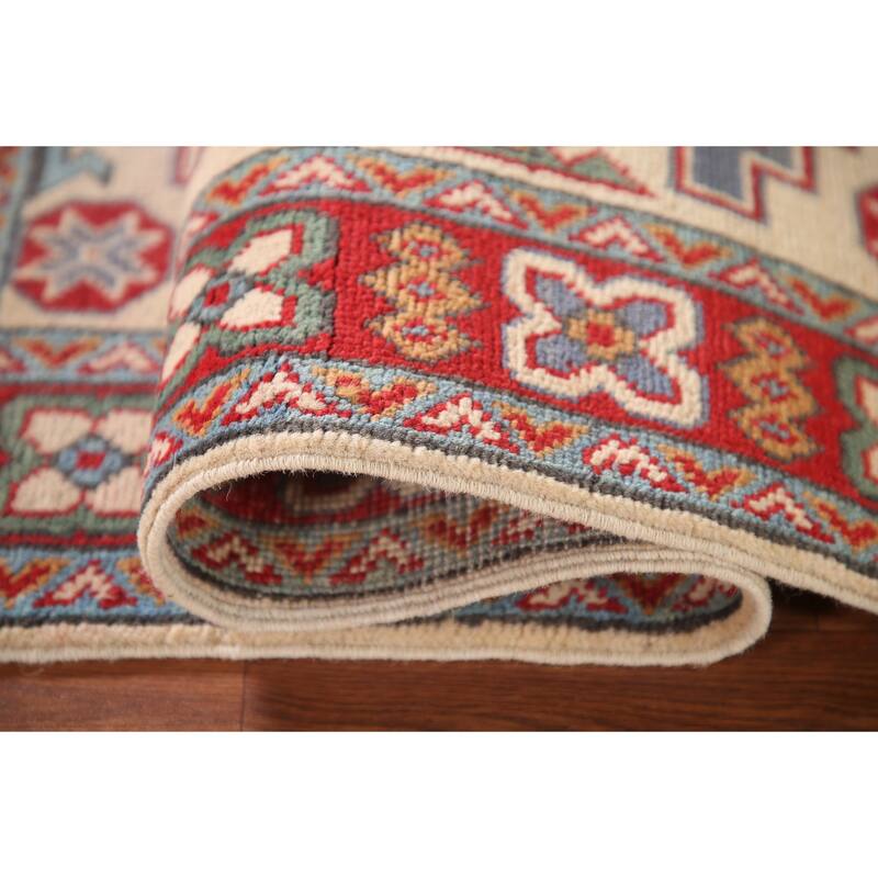Ivory & Red Geometric Kazak Oriental Accent Rug Handmade Wool Carpet - 2'7" x 4'1"