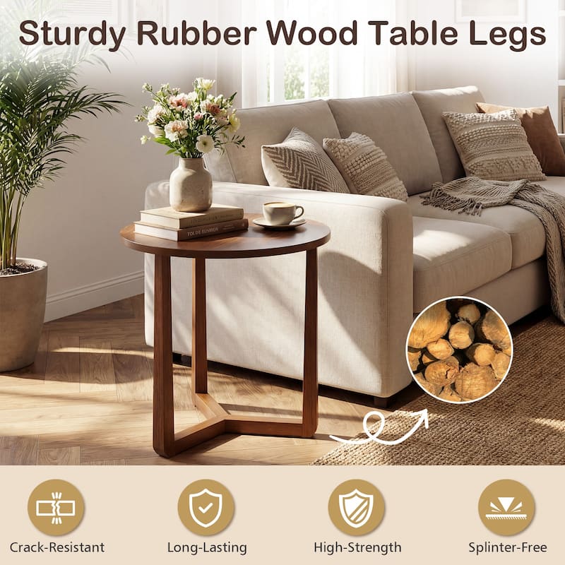 Gymax Round Side Table w/Sturdy Rubber Wood Legs & Triangular