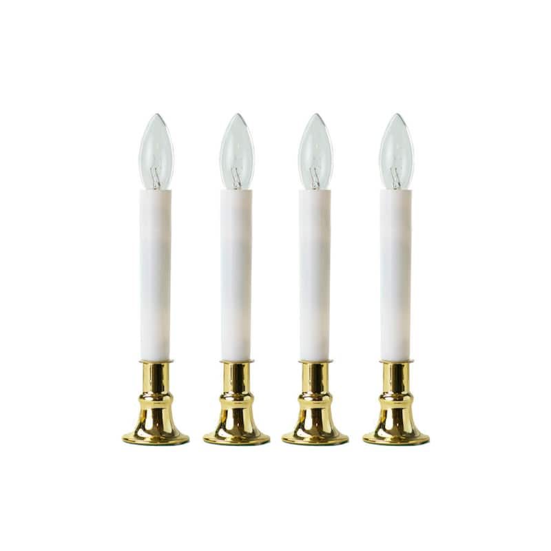 Lighted Window Candles with Sensor - 9" - White and Brass Finish - Set of 4