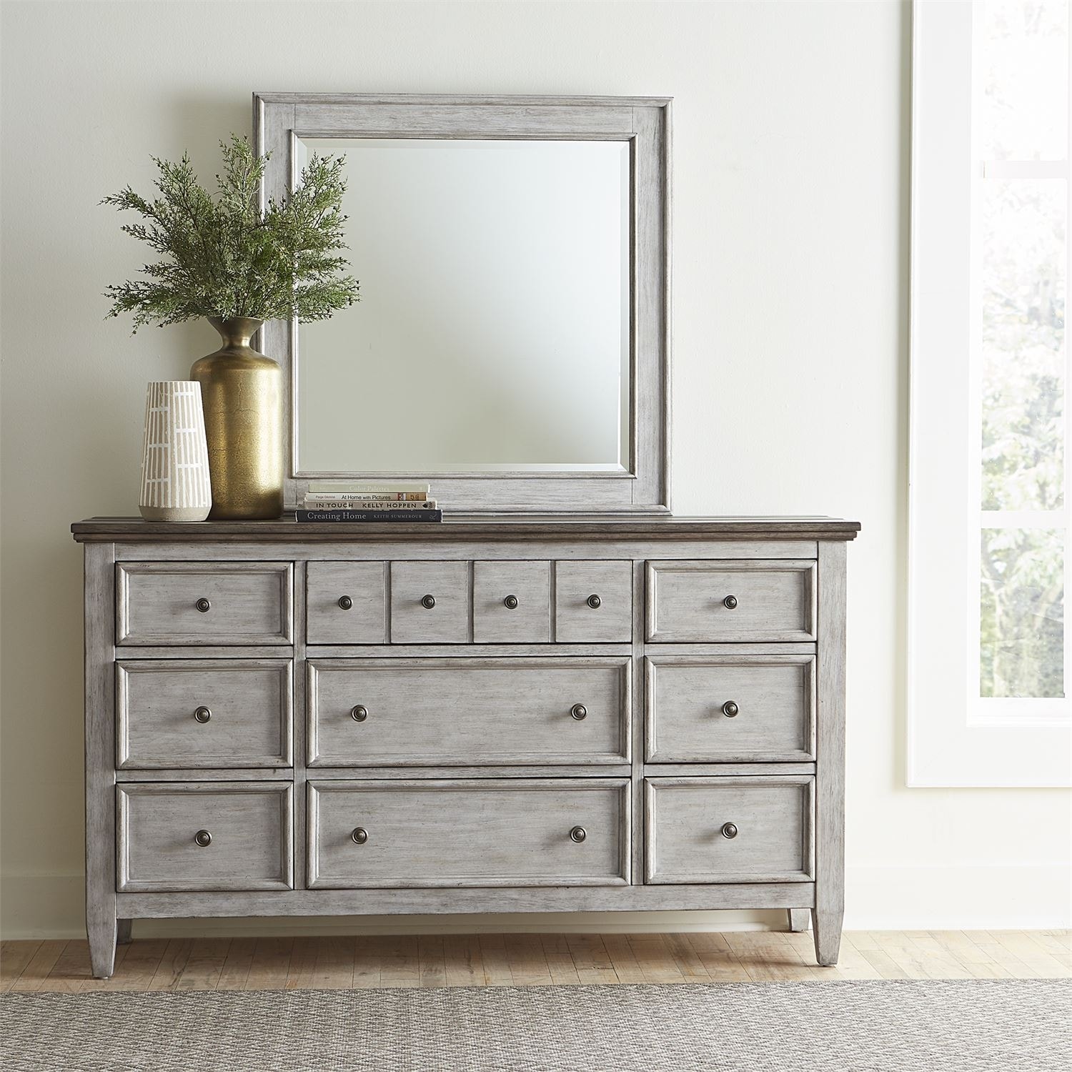 Liberty Furniture Heartland Bedroom Dresser & Mirror Antique White with Tobacco Tops