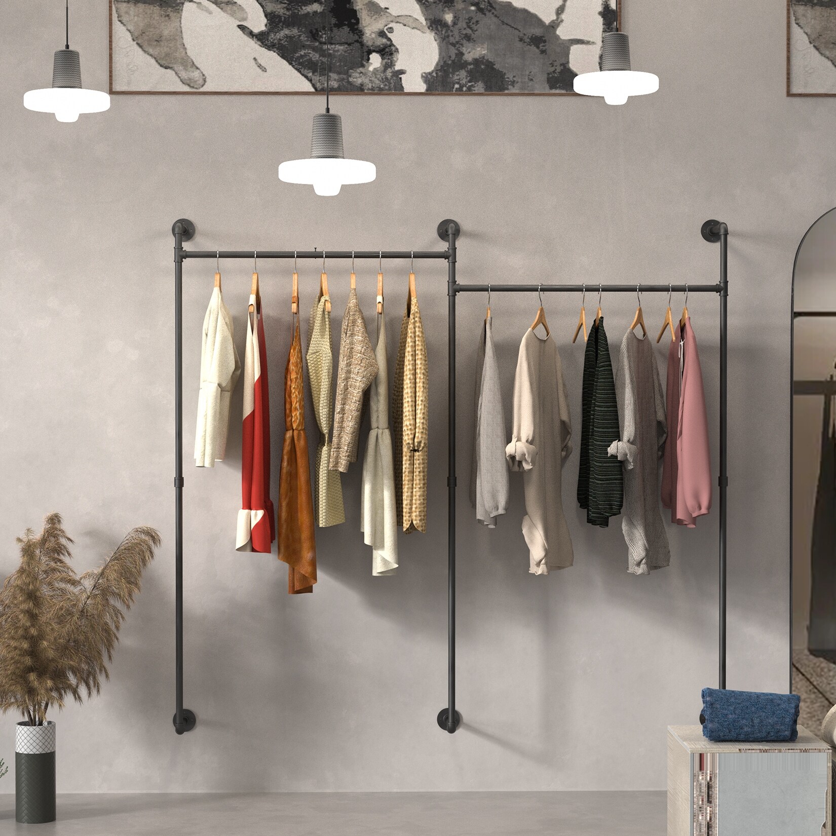 Industrial Pipe Clothes Rack – Black, Wall-Mounted, 6-Inch – 4-Pack Rustic Storage