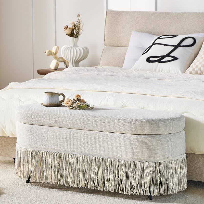 Multi-Functional Storage Ottoman with Fringe Trim and Hidden Storage Compartment