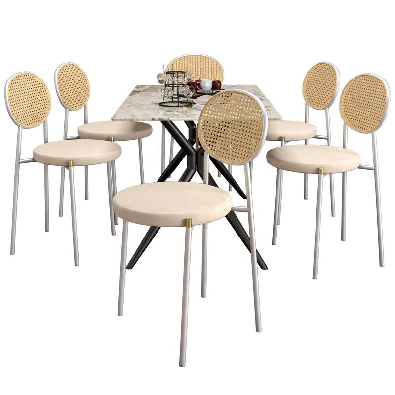 7-Piece Dining Set with 55-Inch Sintered Stone Dining Table and 6 Velvet Side Chairs - Beige