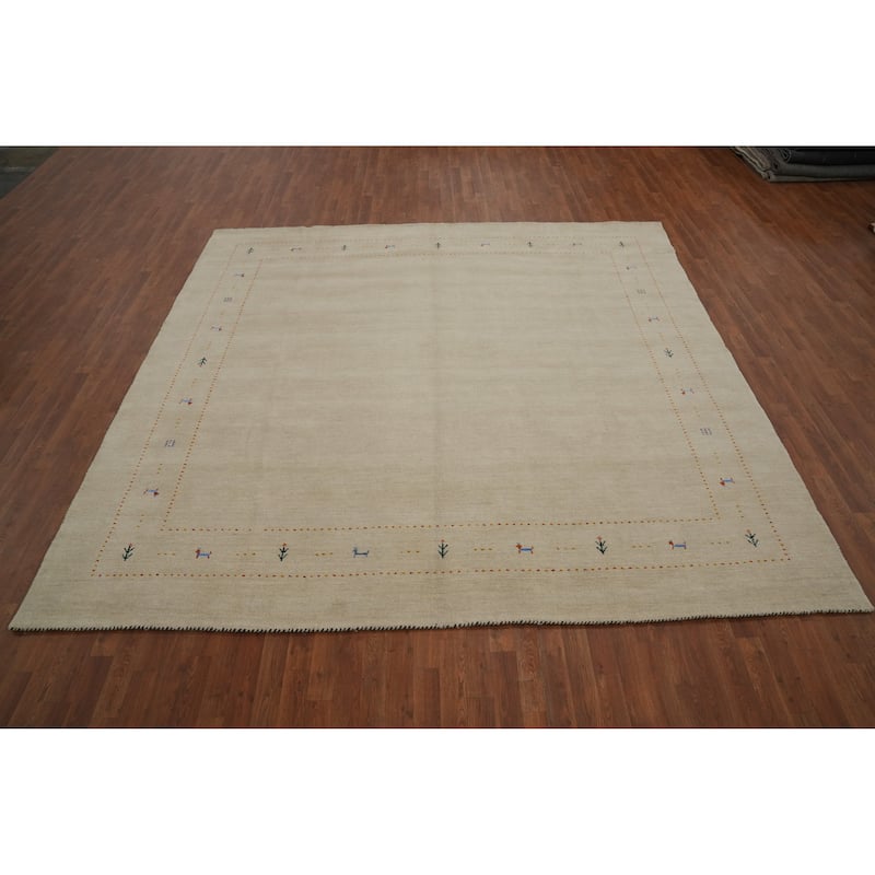Hand Knotted Oriental 100% Wool Carpet Tribal Animal Pictorial Beige & Ivories Gabbeh Area Rug - 9' 10'' X 9' 10''