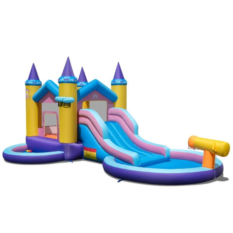 Princess Castle Inflatable Water Park for Kids 7-in-1 Bounce House with Slide, Splash Pool - 197" x 115.5" x 92"