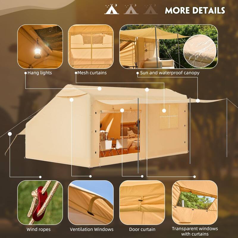 Erommy Inflatable Camping Tent, Glamping Tents 4 Season Waterproof Windproof Cotton Tent with Stove Jack & Mesh Windows & Pump