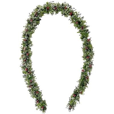 Fraser Hill Farm 9-Ft. Frosted Faux Boxwood Christmas Garland with Red Berries - 9 Foot