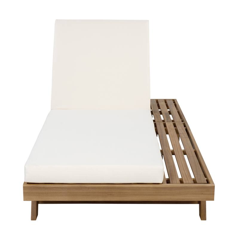 Outdoor Patio Acacia Wood Chaise Lounge Chair with Adjustable Backrest, Side Open Storage and Water-Repellent Cushions