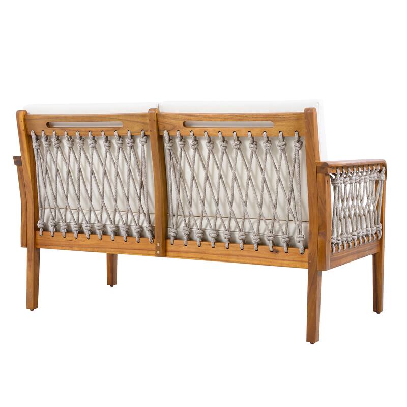 Christopher Knight Home - Outdoor Acacia Wood Loveseat and Coffee Table Set with Handwoven Rope - Loveseat + Table