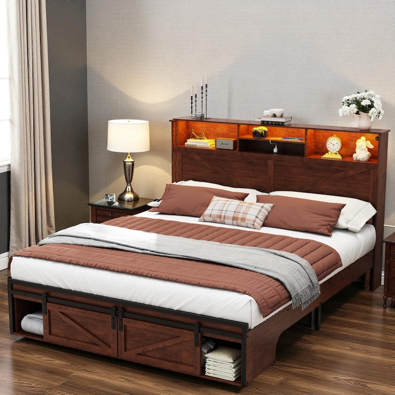 Farmhouse Full/Queen Bed Frame with Storage Headboard, Charging Station and RGB LED Lights, MDF and Steel Platform Bed - Brown - Full