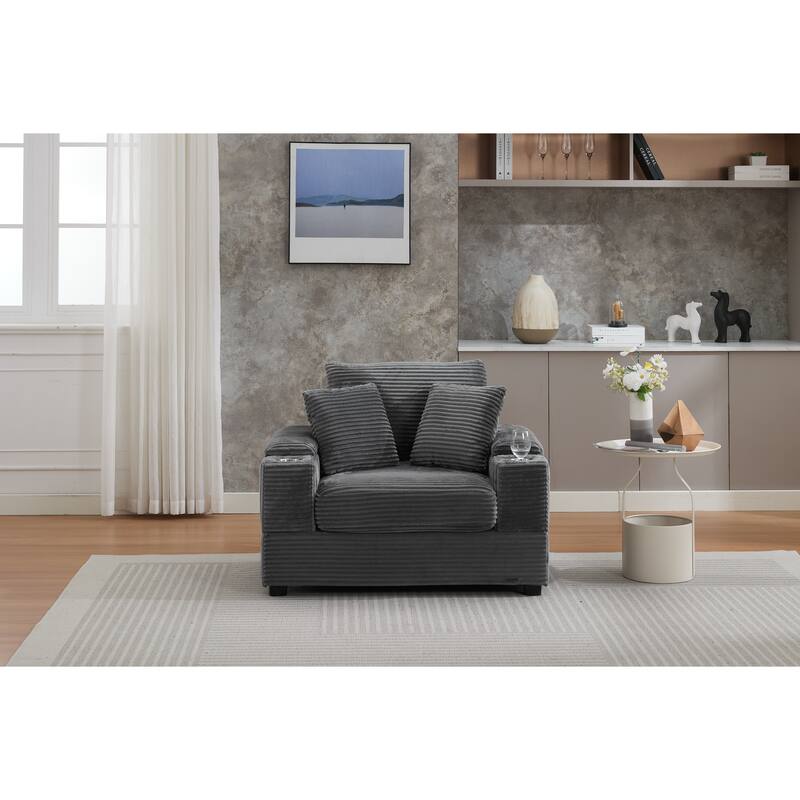 Corduroy Upholstered Chaise Lounge with Movable Ottoman, Living Room Storage Sofa Chair with Cup Holder, Detachable Cushions