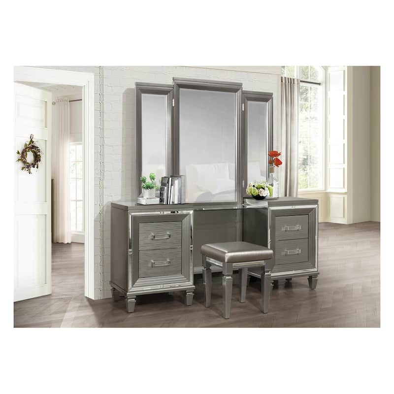 Rosalinda 4 Piece Gray Modern Faux Leather Upholstered LED Storage Platform Bedroom Set