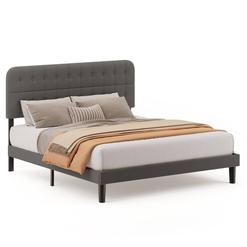 Full / Queen / King Bed Frame with Headboard, Upholstered Platform Bed with Sturdy Wooden Slats