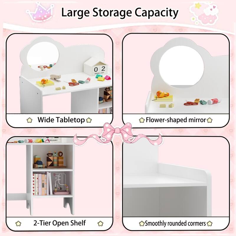 Kids Vanity Table with Mirror and Chair, Wooden Children's Dressing Makeup Desk with Storage Shelves, Study and Activity