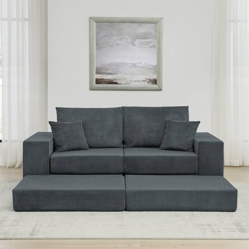 Folding Deep Seat Couch Modular L-shaped Sectional Sofa Corduroy Upholstered Sleeper Sofa Bed with Throw Pillows