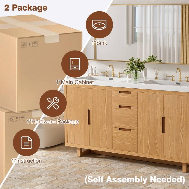 59.3" Modern Bathroom Vanity with Resin Sink, 4 Doors & 3 Drawers, Handle-Free Design, Soft-Close Hinges & Hidden Slides