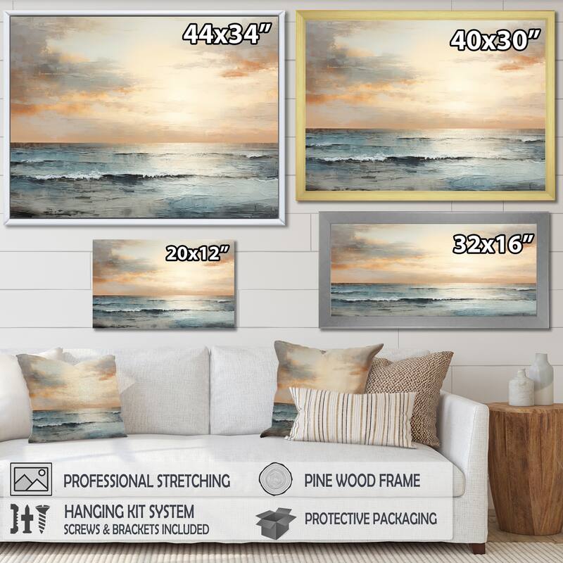 Designart "Beige And Golden Beach Sunset Paradise III" Coastal Sunset Framed Canvas Art Print