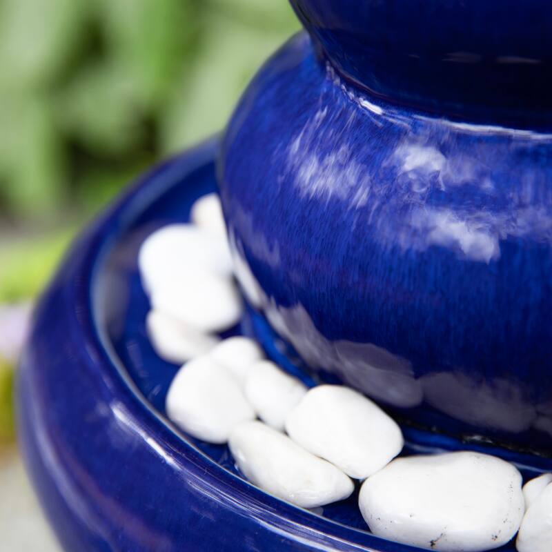 Glitzhome 22"H Zen-Style Cobalt Blue Pebbles Outdoor Ceramic Fountain with Pump and LED Light