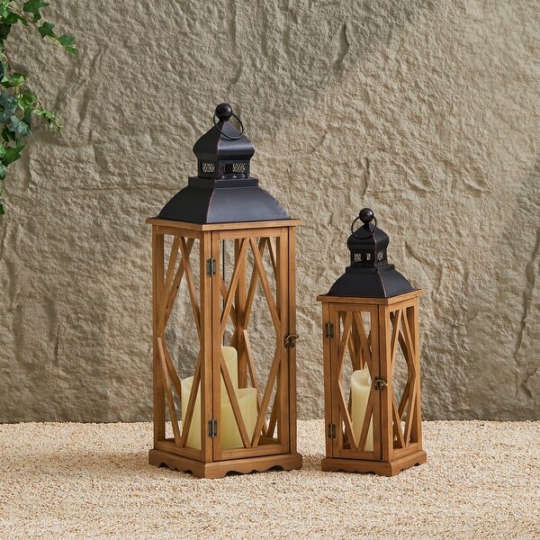 Glitzhome 2 Piece Oversize Farmhouse Wood Metal Hanging Candle Holders Decorative Lanterns