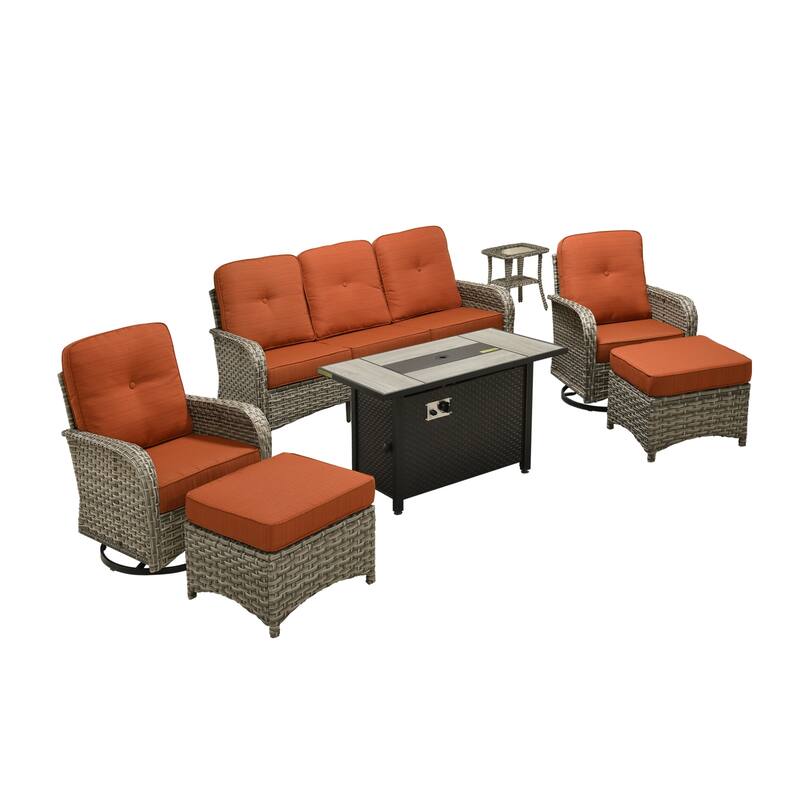 OVIOS 7-piece Patio Wicker Conversation Furniture Set With Fire Pit