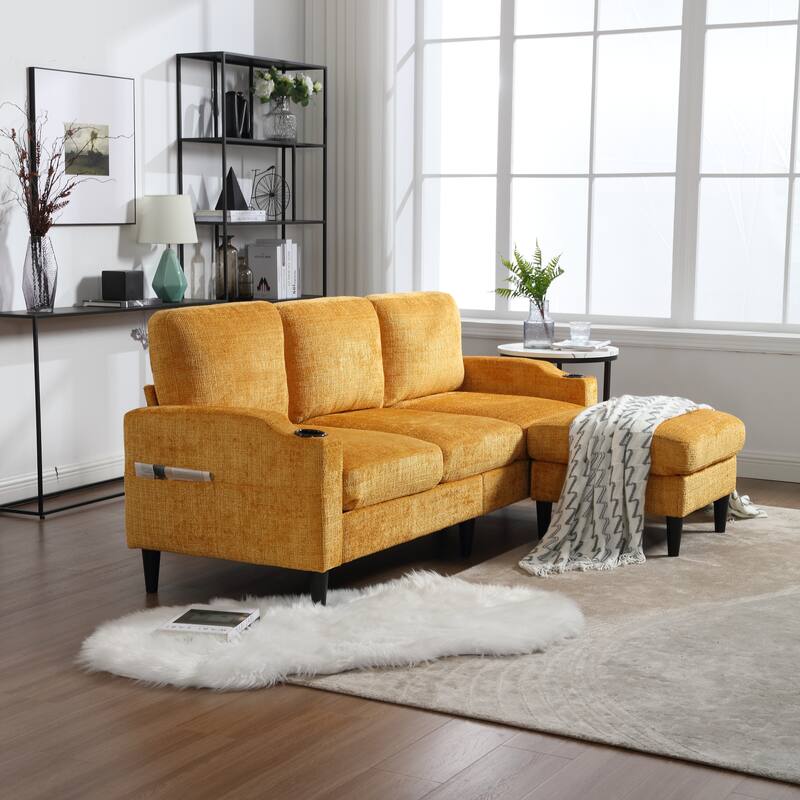Modular Sectional Sofa with Storage Ottoman, Comfy Chenille Fabric Sofa, 3-Seater Sofa with Side Pockets & 2 Cup Holders