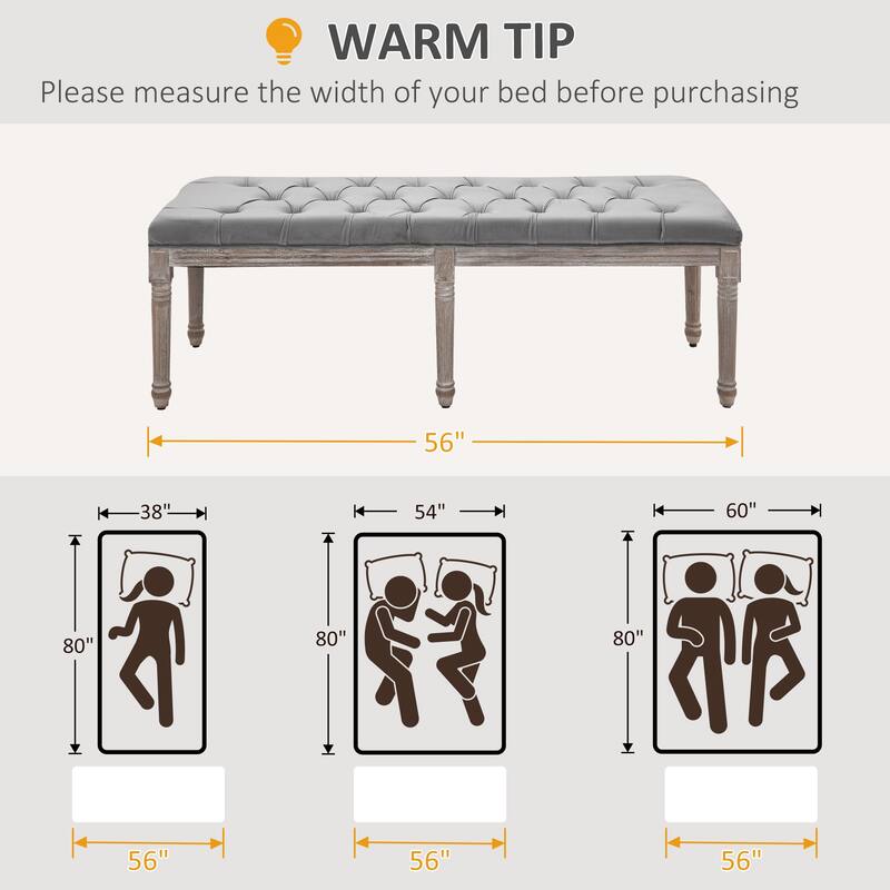 Grey Velvet Bench with Button-Tufted Cushion and Fluted Rubberwood Legs for Living Room - 56" W x 18.5" D x 20" H