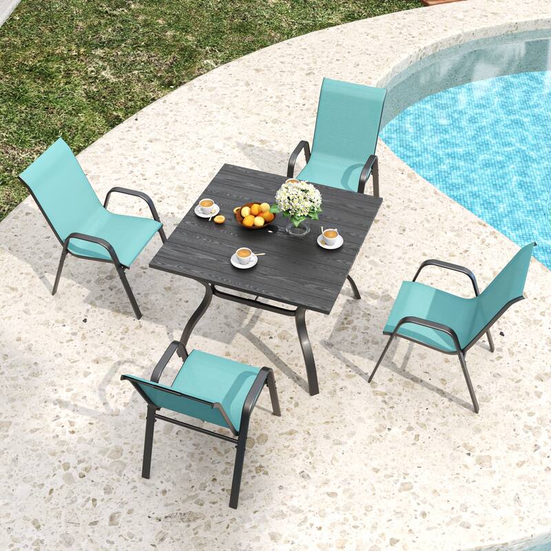 Outdoor Dining Chair 4-Piece Set - Wide Seat 350 lbs Capacity - Waterproof & Rust-Resistant Teslin Fabric Metal Frame - Black+Sky Blue