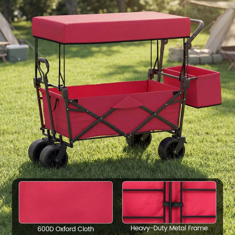 Gymax Collapsible Wagon w/Removable Canopy Adjustable Handles
