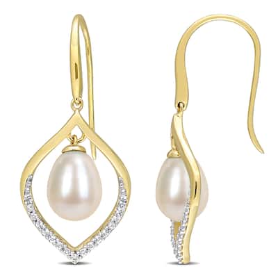 Miadora 8-8.5mm Cultured Freshwater Pearl 1/3ct TGW White Topaz Hook Earrings Yellow Silver
