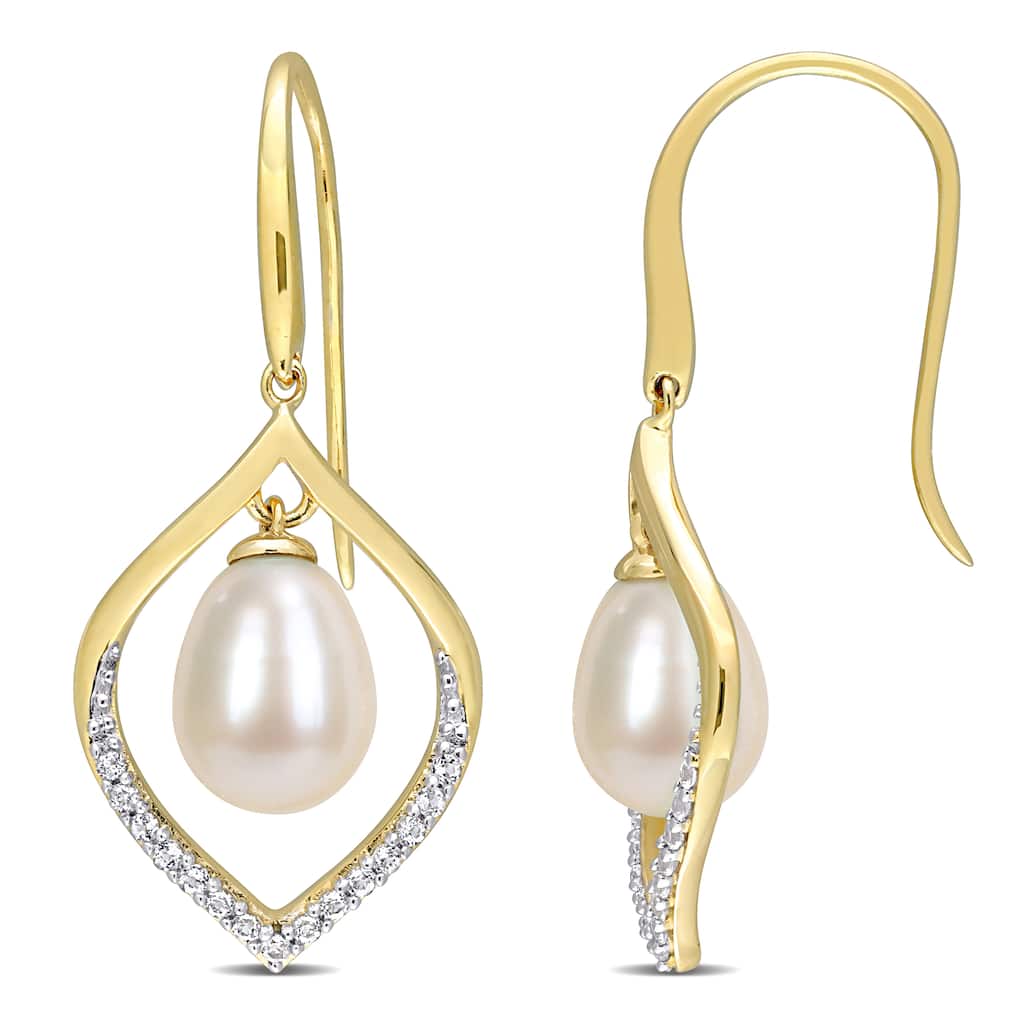 Miadora 8-8.5mm Cultured Freshwater Pearl 1/3ct TGW White Topaz Hook Earrings Yellow Silver
