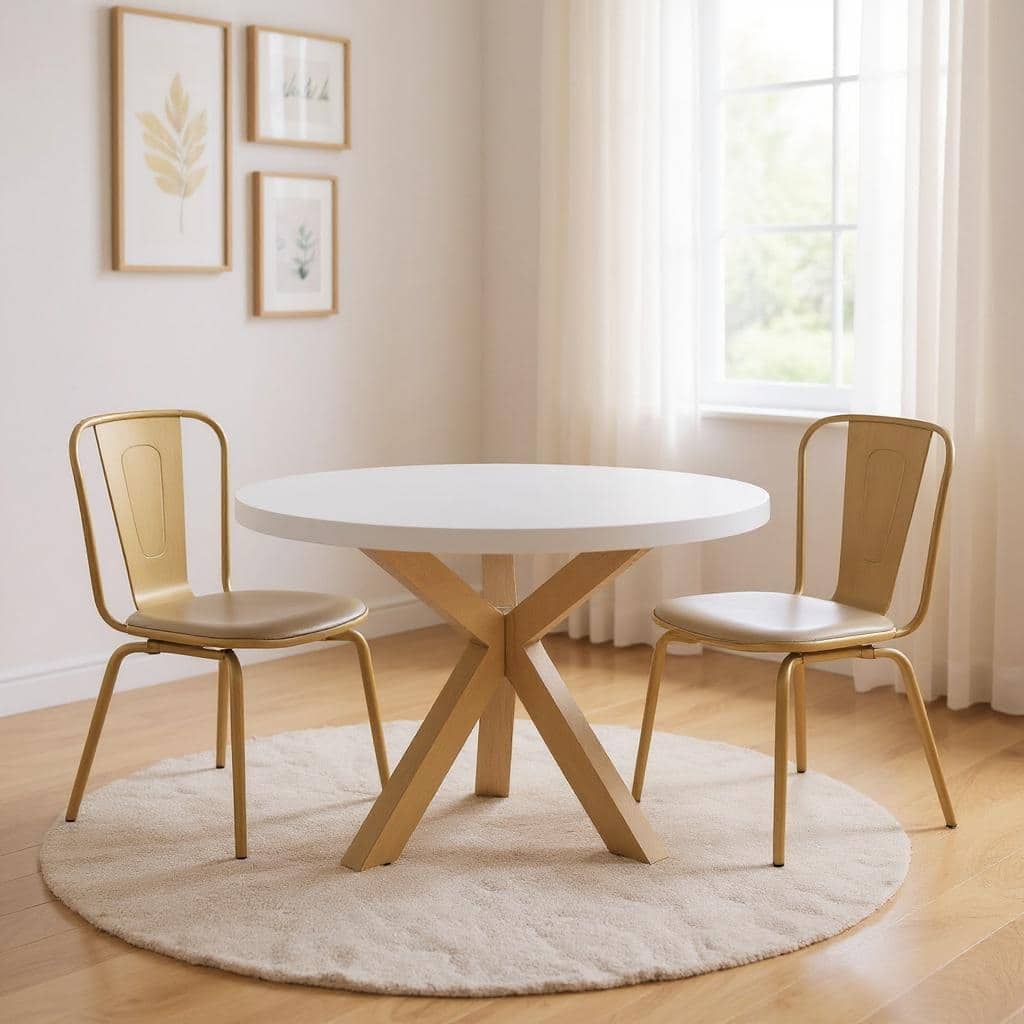 HomeRoots 48" White and Gold Wood and Metal Cross Leg Base Round Top Dining Table - 48.00 in. x 30.00 in. x 48.00 in.