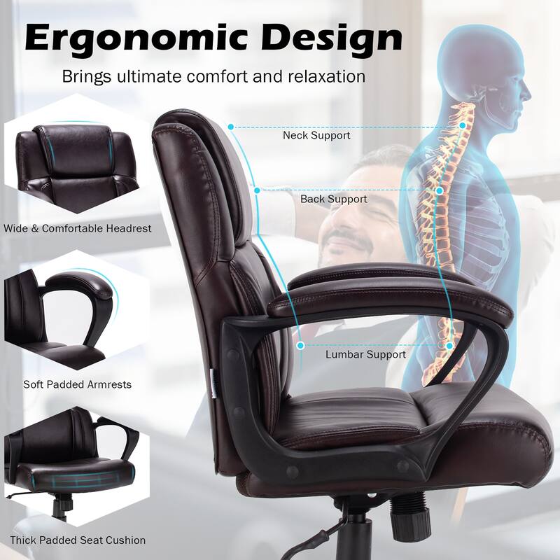 Leather Executive Office Chair Mid Back Swivel Padded Computer Chair