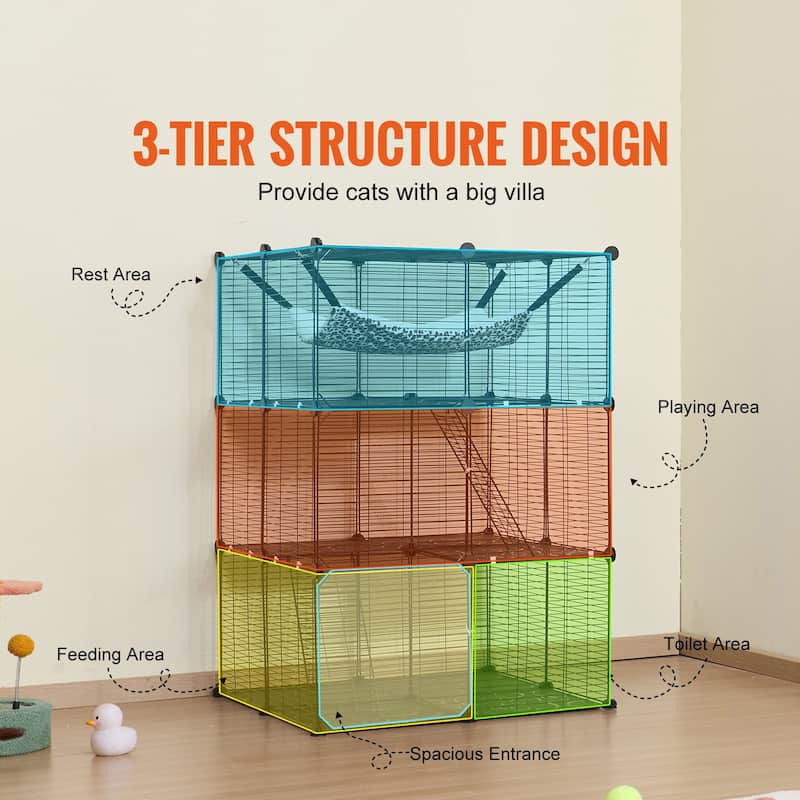 Black 2-Tier Cat Cage with 3 Doors Steel Wire Ramp, Spacious & Sturdy