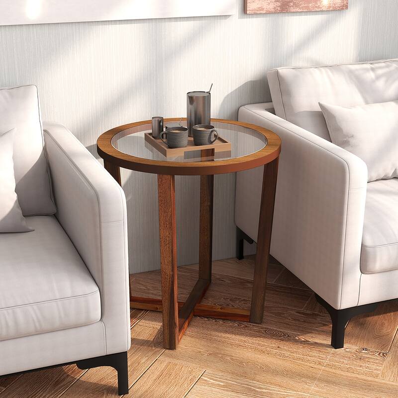 Gymax Modern Round End Table w/ Transparent Tempered Glass Top Solid