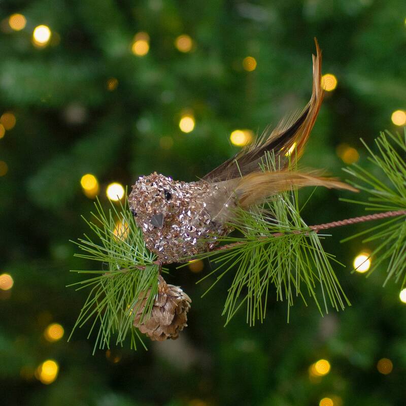 5.5" Left-Facing Champagne Gold Beaded Clip On Bird Christmas Ornament